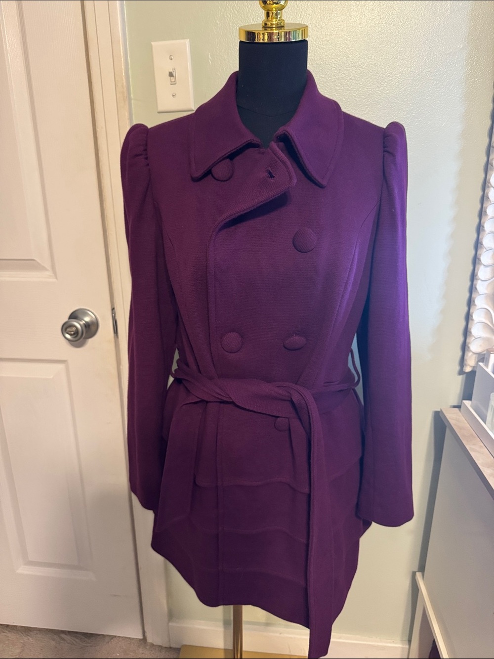 INC International Concepts Deep Plum Double-Breasted Belted Trench Coat